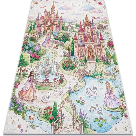 Alfombra lavable BAMBINO 61520 Princesa, castillo para niños antideslizante - crema / rosa beige 140x200 cm (1/5)