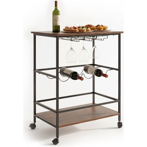 Relaxdays carro de bar 2 bandejas con botellero y colgador de copas, 82 x 60 x 45 cm, marrón/negro