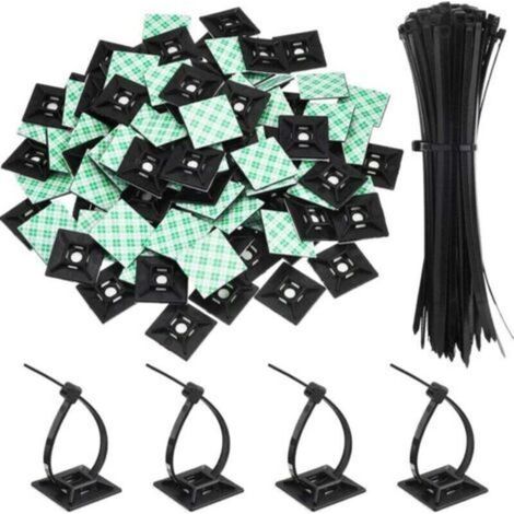Paquet de 100 Zip Tie Adhésifs Supports Auto-Adhésifs Supports de Base de Serre-Câbles avec Attache-Câble Universel à Usages Multiples Noir (Longueur 150 mm, Largeur 2 cm, Noir) (1/4)