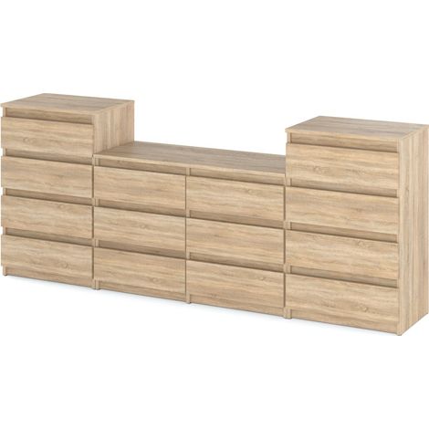 Commode 14 tiroirs chêne Sonoma – Dimensions 140x90x40 cm – Rails à rouleaux silencieux – Capacité 20 kg par tiroir