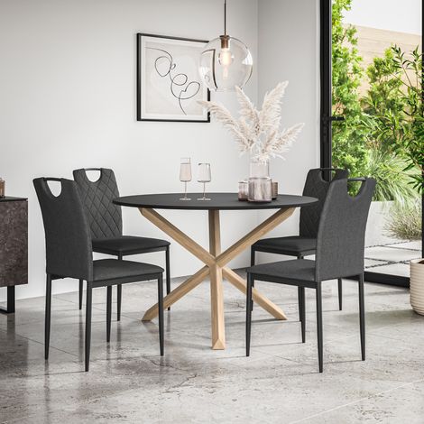 Malvern Round Dining Table And Chairs - Black Table Top w Solid Oak Legs + Monza Fabric Dining Chair Set Of 4 (Charcoal) (1/5)