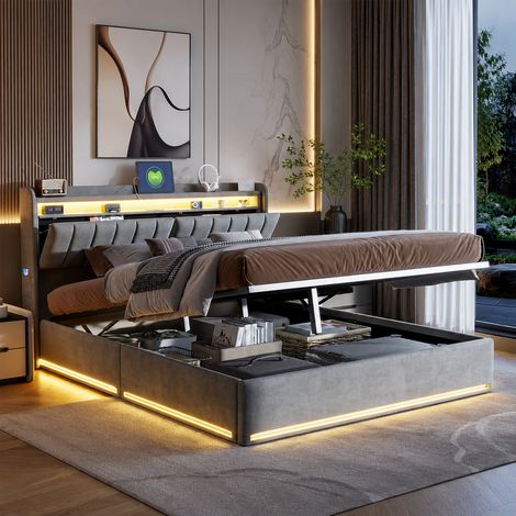 Lit capitonné 140×190cm, rangement hydraulique, lit double avec lumière LED et port USB, lit coffre,  rangement dans la tête de lit,  grande capacité, sommier à lattes, lit adulte, Velours, Gris (1/5)