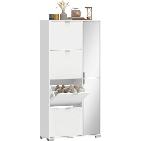 Scarpiera con Specchio, 4 Cassetti Ribalta, Scarpiera Ingresso, Bianco