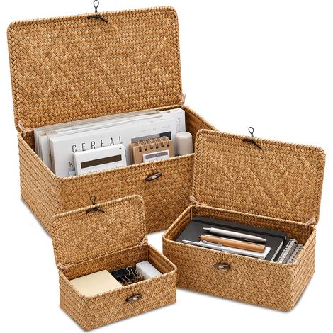 Lot de paniers de rangement en rotin tressé – Paniers en jonc de mer avec couvercle tressé à la main avec cadre métallique robuste, paniers à linge, paniers et boîte de rangement pour salle de bain (1/5)