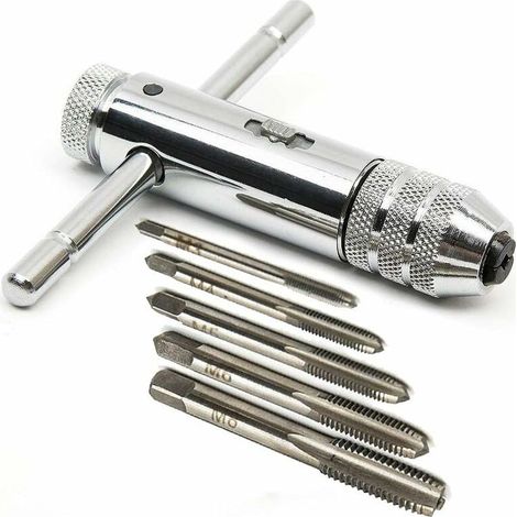 Tourne-à-gauche à Cliquet en T,Réglable Clé à Taraud en Forme de T HSS Support de Robinet à Cliquet T Bar Manipuler Clé avec 5 Tailles Tarauds à Main M3-M8 3mm-8mm (1/3)