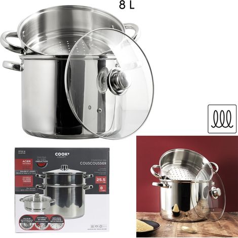 The Home Deco Factory – Couscoussier en métal 8L avec couvercle en verre – Compatible induction – Cuisson vapeur 2 étages – Pour plats savoureux (1/5)