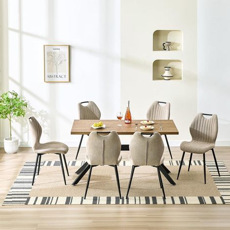 Essgruppe Esstisch 140x80cm mit 6 Stühlen, Holzoptik, schwarze Metallbeine, Khaki (1/5)