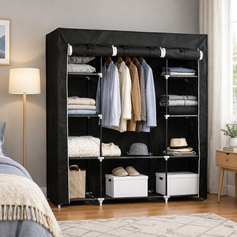 Armoire en tissu noir 150 x 43 x 162,5 cm, 10 compartiments et 1 tringle à vêtements, housse zippée anti-poussière, structure en acier, sans vissage - CHICFURN (1/5)