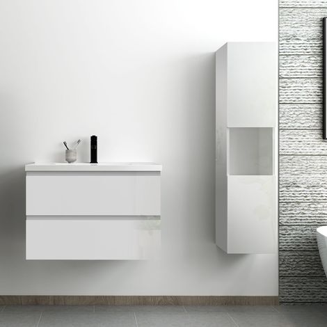 Acezanble ensemble meuble salle de bain 80 cm blanc brillant avec 2 tiroirs à fermeture automatique, lavabo céramique simple + colonne haute, suspendu