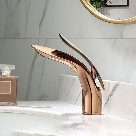 Robinet Lavabo Robinet Salle De Bain, Moderne Design Élégant Laiton Mitigeur Lavabo Eau Chaude Et Froide Disponible, Valve En Céramique, Couleur or rose (1/5)