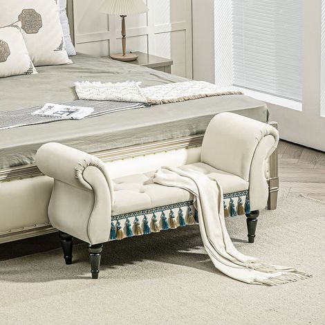 Polsterbank Schlafzimmer, Armlehne, Vintage-Samtoptik, Holzbeine, bis 150 kg, Beige, 117x40x58 cm