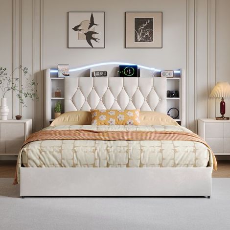 Bettgestell 140x200 cm mit LED und Lattenrost, Doppelbett 140x200 cm, Bett mit Stauraum 140x200 cm, für 2 Personen, Samt, Beige