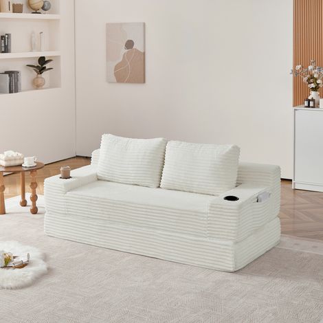 Divano letto a panca 2-in-1 in velluto a coste con portabicchieri, tasche portaoggetti e 2 cuscini - beige (1/5)