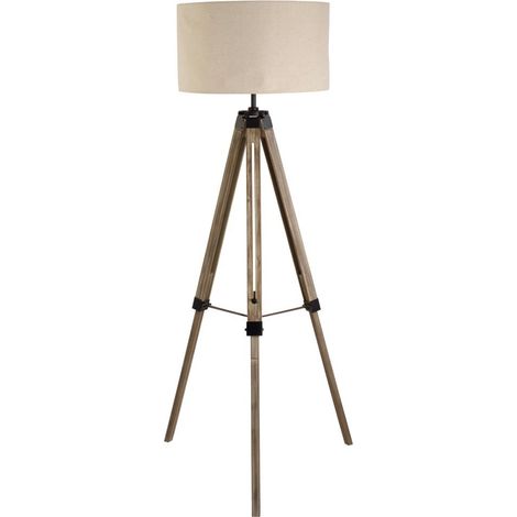 Lampadaire chevalet, support marron délavé, abat-jour tambour en lin peint (1/3)