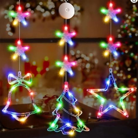 Weihnachtsbeleuchtung und Fenster, Weihnachtsbeleuchtung und Holzbeize, fünfzackige Sterne, Glocken, Weihnachtsbäume