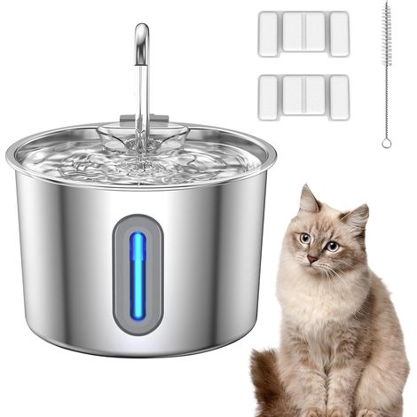 Fontaine à boire pour chat, 2 éléments filtrants, 2,2 litres en acier inoxydable, adaptée aux chatons d'intérieur, avec lumières LED, ultra silencieuse, adaptée aux chats et aux chiens. (1/5)