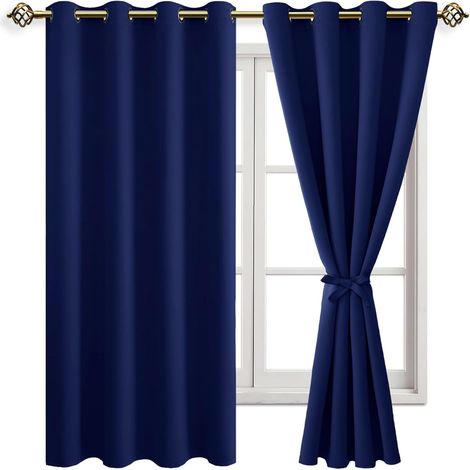 Rideaux Occultants Rideau Thermique Isolant Anti Chaleur Lot de 2 Rideaux à Oeillets Isolation Lumiere Anti UV pour Chambre Maison Salon 132x160cm(LxH Bleu Foncé (1/5)