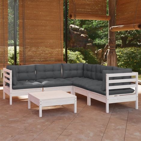 Salon de jardin 6 pcs Ensemble Table et Chaise de Jardin - avec coussins Blanc Bois de pin solide BV520474 - BonneVie (1/5)