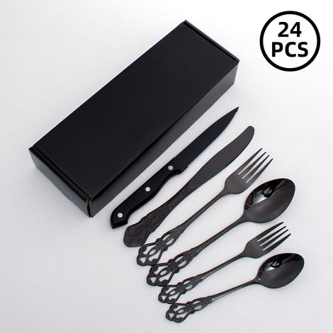 (Ensemble de 24 pièces - noir) Ensemble de couverts avec couverts et cuillères en acier inoxydable gaufré et ajouré
