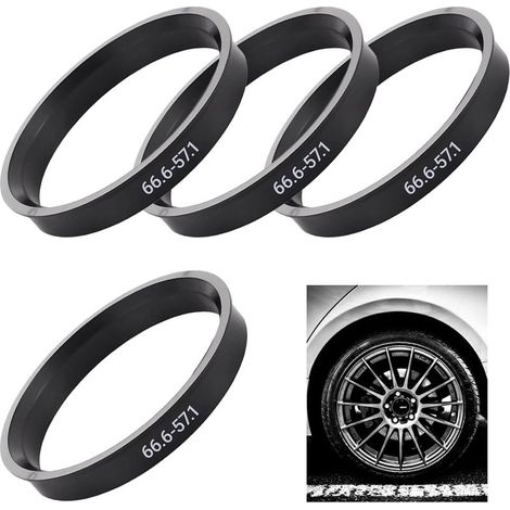 4 Pièces Bagues de Centrage 66.6 à 57.1mm, Universels Anneaux de Centrage Jante Auto en Plastique, Compatible avec VW, Mercedes Benz, Audi, Accessoire pour Jantes, Réduction des Vibrations, Noir (1/5)