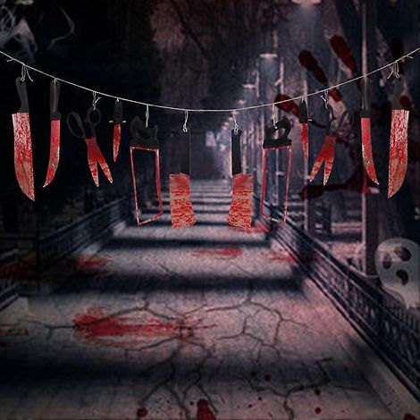 Décoration d'Halloween pour maison hantée : bannière suspendue avec lames de couteaux ensanglantées effrayantes