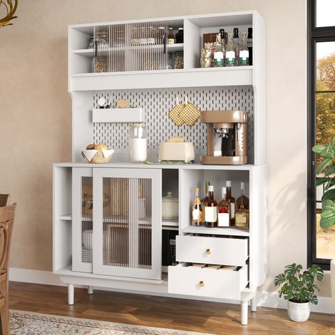 Credenza da cucina con ante scorrevoli in vetro scanalato 117x30x170 cm mobile dispensa con pannello forato cassetti e vani aperti mdf bianco (1/5)
