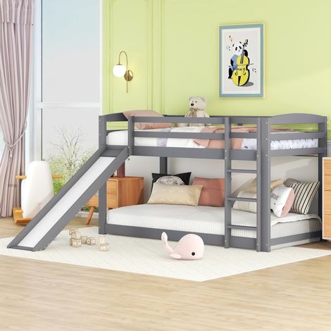 Litera infantil moderna 90x200 cm de pino blanco con tobogán, escalera reversible y somier de láminas (1/5)