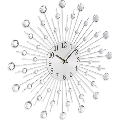Horloge murale design filigrane argentée 50 x 50 cm décoration élégante avec cristaux scintillants en métal argenté (1/5)