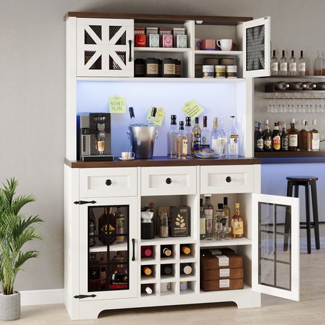 Aparador alto de cocina MDF blanco y vidrio 120x40x180 cm con LED, botellero, estantes ajustables y cajón (1/5)