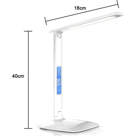 Lampe de bureau LED avec chargeur sans fil, port de chargement USB, lampe de table pliable et réglable avec horloge, alarme et date - Blanche (1/5)