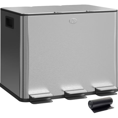Poubelle cuisine inox 3 compartiments 3x10L, pédales, couvercles souples, seau amovible, argent
