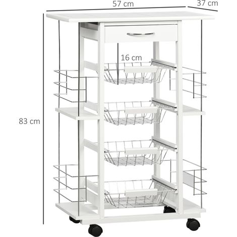 Chariot de cuisine avec tiroirs, 4 paniers et 4 étagères, en métal, céramique et bois, 57x37x83cm, blanc. (1/5)