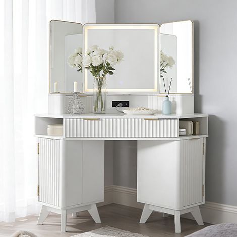 Coiffeuse miroir led Style Fluté 48" Grande Coiffeuse d'angle avec Plateau en Verre, Station de Charge, 3 Tiroirs & Rangements - Pour Chambre - Panneau de Particules Blanc (1/5)