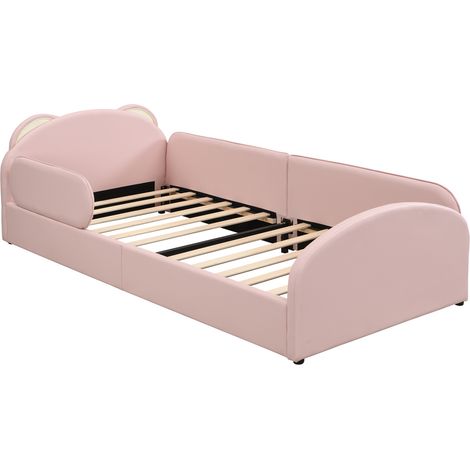 Cama infantil tapizada rosa 90x200 cm con cabecero de oso y mesita de noche a juego (1/5)