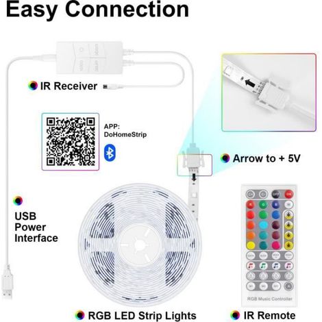 Ruban LED 5M RGB - Bleutooth Bande LED avec télécommande 44 touches + Contrôlé par APP du Smartphone (1/4)