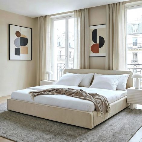 Lit Double LATINI rembourré 160x200, Tête de lit en Tissu Beige, Lit Queen Size 2 Personnes avec Sommier à Lattes Inclus, Tête Réglable en Hauteur, Design Moderne (1/5)