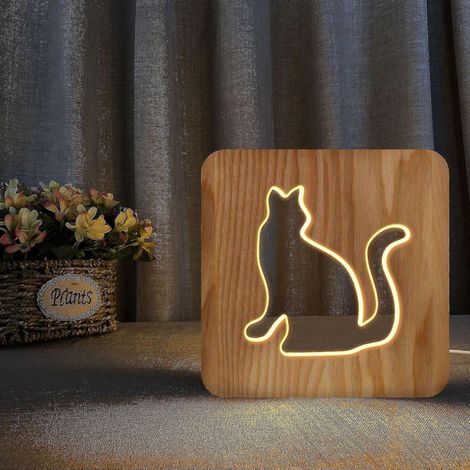 Veilleuse LED en bois 3D pour chat, avec motif sculpté, idéale pour un bureau. (1/4)
