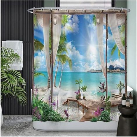 12pcs Rideau de douche - Motif plage et mer Lavable et anti moisissure - Salle de bain - 180x200 cm bleu blanc vert (1/5)