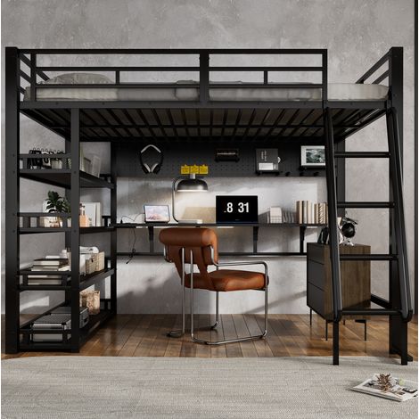 Hochbett 140x200 cm Mit Gestell Aus Metall Und Holz Schwarz (1/5)