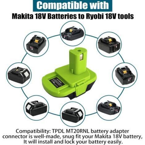 MT18RL Adaptateur de batterie pour outil de batterie Ryobi 18 V, convertisseur de batterie avec connexion USB, convertir avec batterie Makita 18 V pour outil Ryobi 18 V Lithium Ion