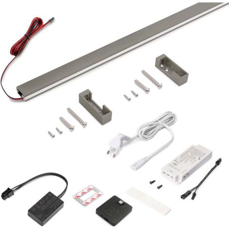 Emuca Kit de barra para armario Luxe, tira LED 4,5x8 Neonlynx V, sensor de movimiento RF Smart y convertidor Smart (24V DC), longitud 900mm, Luz blanca cálida 2.700K, Plástico y Aluminio, Titanio -