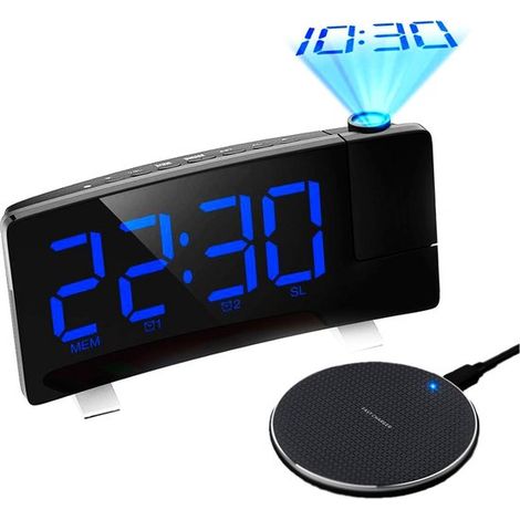 Radio-réveil Eska + chargeur sans fil - Horloge numérique - Réveil à projection - USB - Bleu - Réveil à projection (1/5)