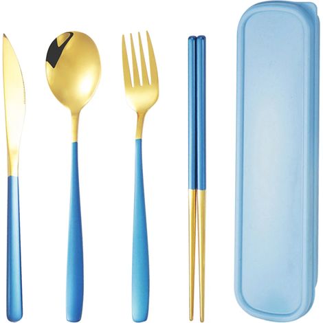 (Or et bleu) Couverts en acier inoxydable, comprenant couteaux, fourchettes, cuillères et baguettes. (1/2)