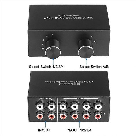 Sélecteur audio stéréo 4 voies bidirectionnel - Commutateur L/R pour chaîne hi-fi, ampli, console de mixage. Boîtier compact, connectique RCA, signal pur, faible perte, idéal pour studio et usage dome (1/5)