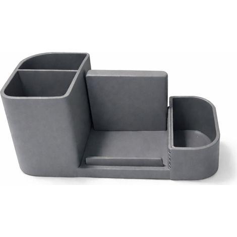 Organizador de escritorio gris con soporte para teléfono y contenedor para objetos pequeños.