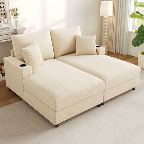 Canapé 2 places 163x140x82 cm beige en velours côtelé avec ports USB/USB-C, porte-téléphone et porte-gobelets (1/5)