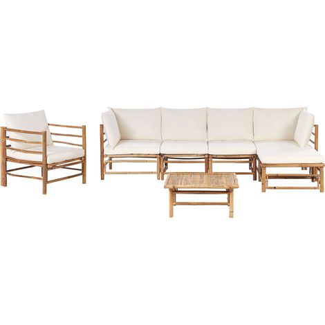 Ensemble de Jardin Boho 6 Places avec Fauteuil Modulable avec Table Basse en Bambou et Coussins Blanc Cassé Cerreto (1/5)