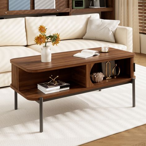 Moderner Couchtisch 100 x 45 x 43 cm, rechteckiger Wohnzimmertisch mit Stauraum, Schiebetüren mit Rillenstruktur, MDF-Tischplatte und schwarzen Metallbeinen (1/5)