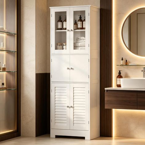 Meuble de salle de bain haut, meuble de rangement de salle de bain avec 6 portes, 2 portes vitrées et 2 portes coulissantes, étagères réglables en hauteur, armoire de salle de bain autoportante (1/5)