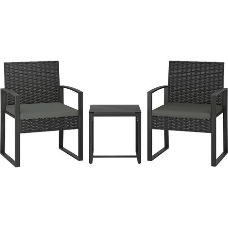 Set de bistrot de jardín 3 piezas en poliratán gris oscuro con cojines y mesa de vidrio templado (1/5)